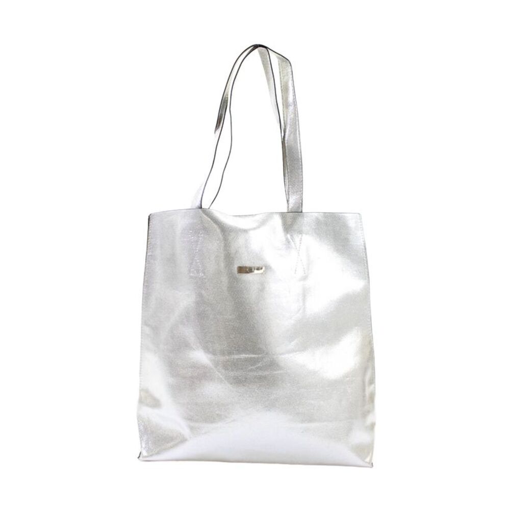 Tickled Pink Womens Textured Top Handle Button Metallic Tote Bag Silver Tone OS